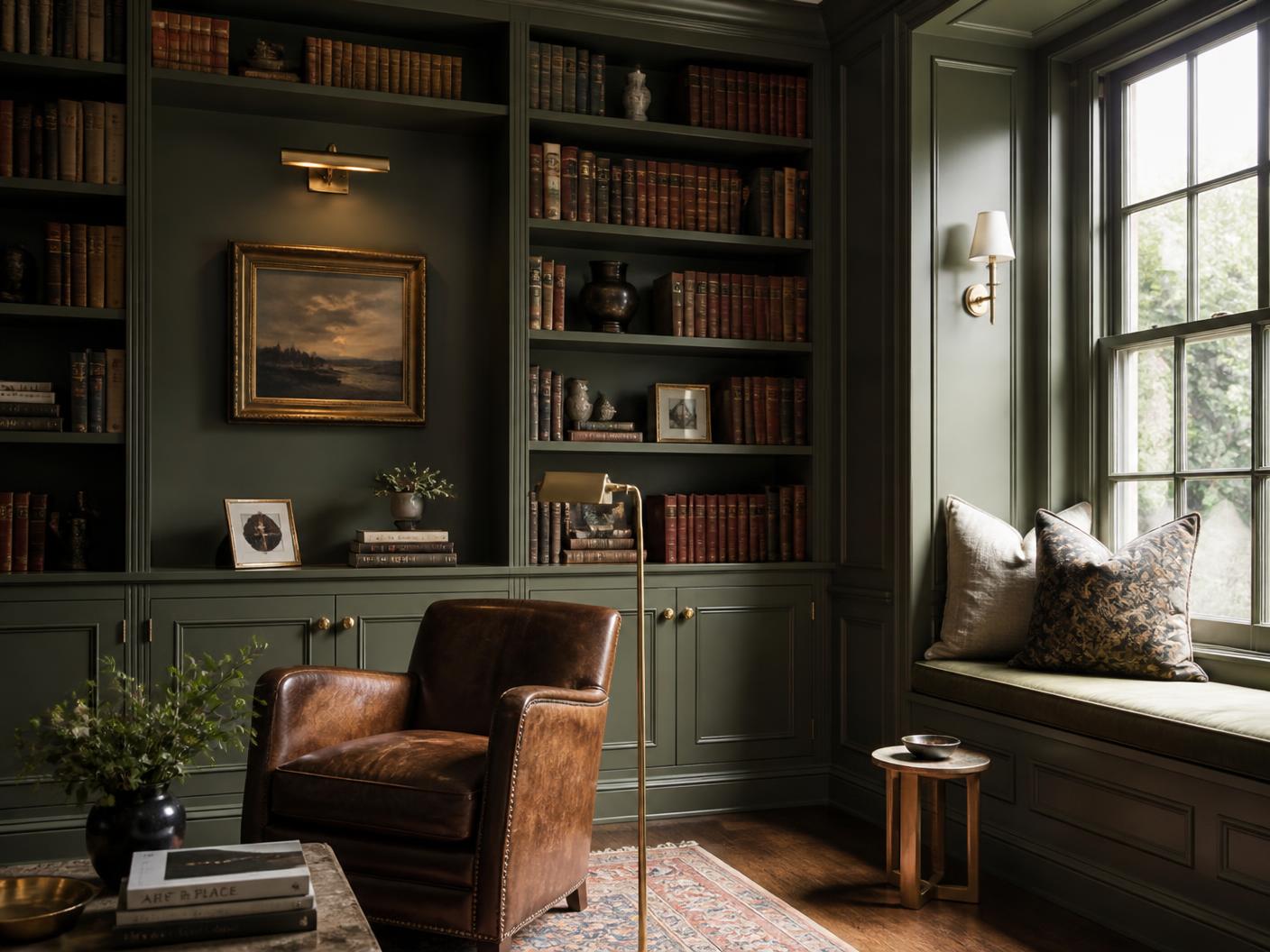 A residential library with painted millwork, leather chair and window seat