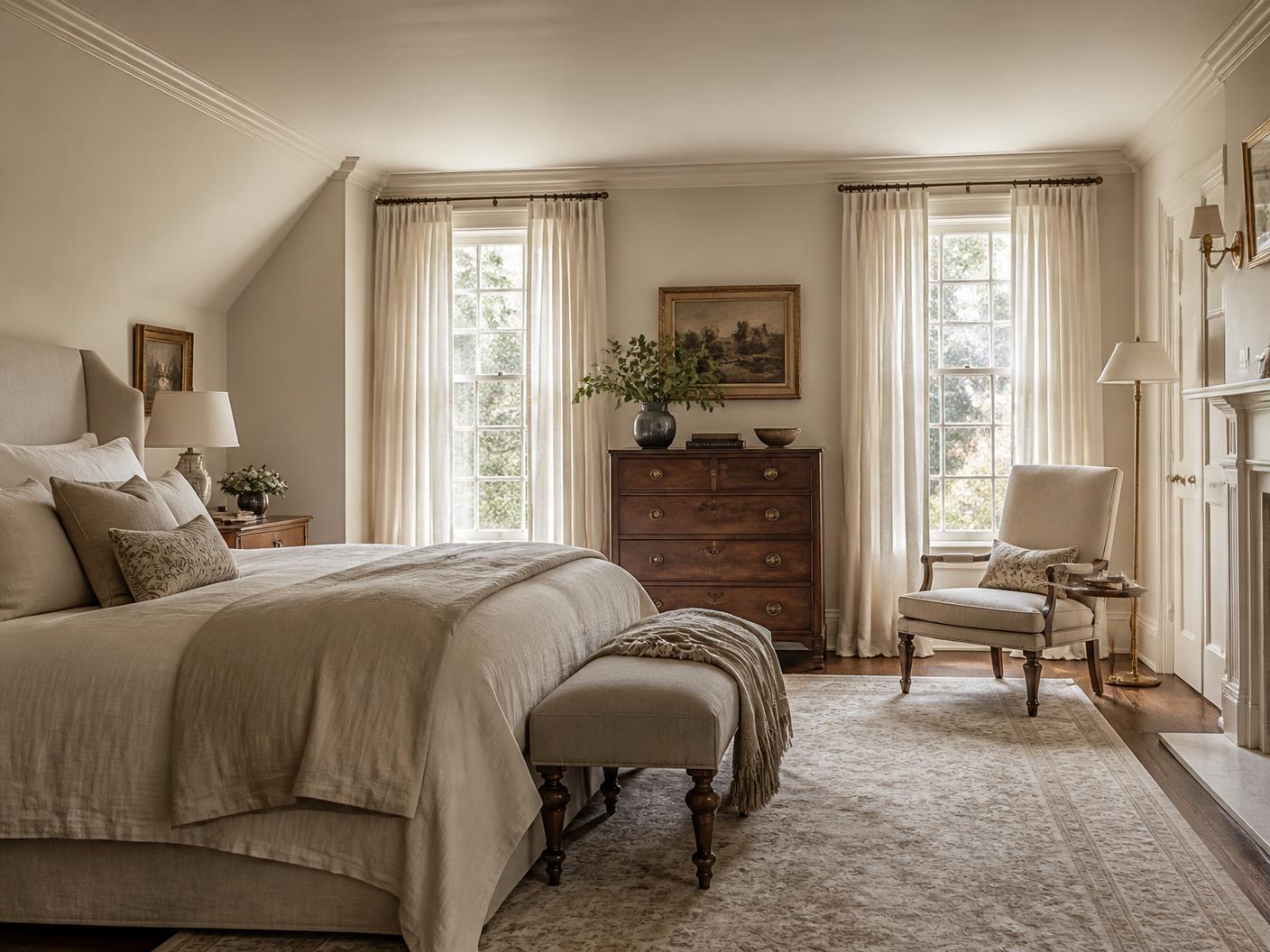 A quiet primary bedroom with linen bedding and morning light